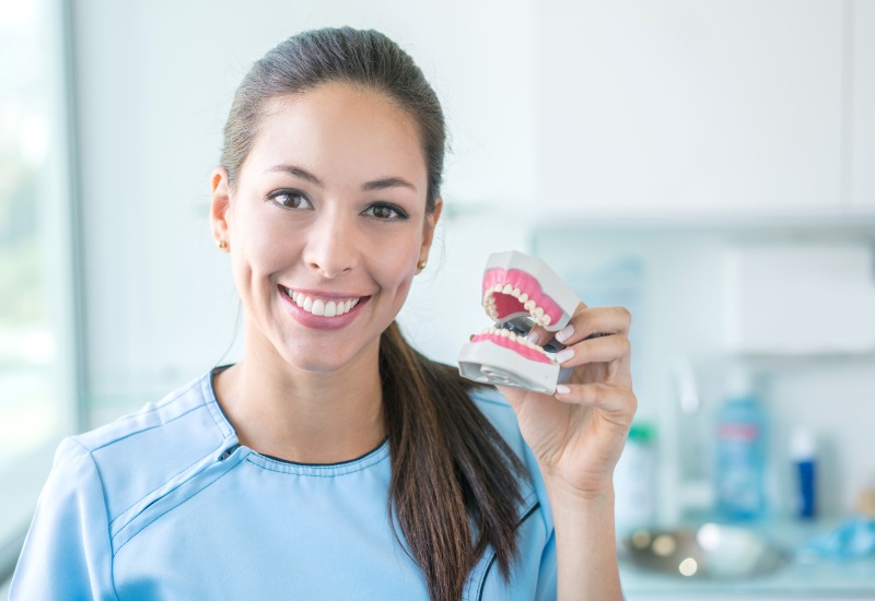 A dentist holding dentures, showing when dentures are recommended for missing teeth in Brookfield